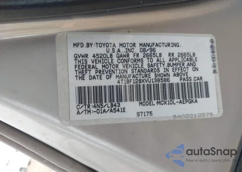 1997 Toyota Avalon Xls z USA, uszkodzony, nr VIN 4T1BF12BXVU138586